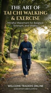 The Art of Tai Chi Walking and Exercise book cover: mindful movement for balance, strength and vitality, man practicing tai chi walking on a park path
