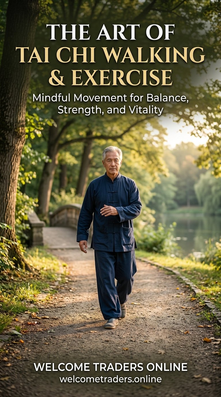 the art of tai chi walking and exercise cover The Art of Tai Chi Walking and Exercise book cover: mindful movement for balance, strength and vitality, man practicing tai chi walking on a park path