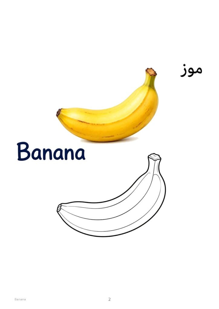 Banana coloring page, free printable outline with Banana name in English and Arabic