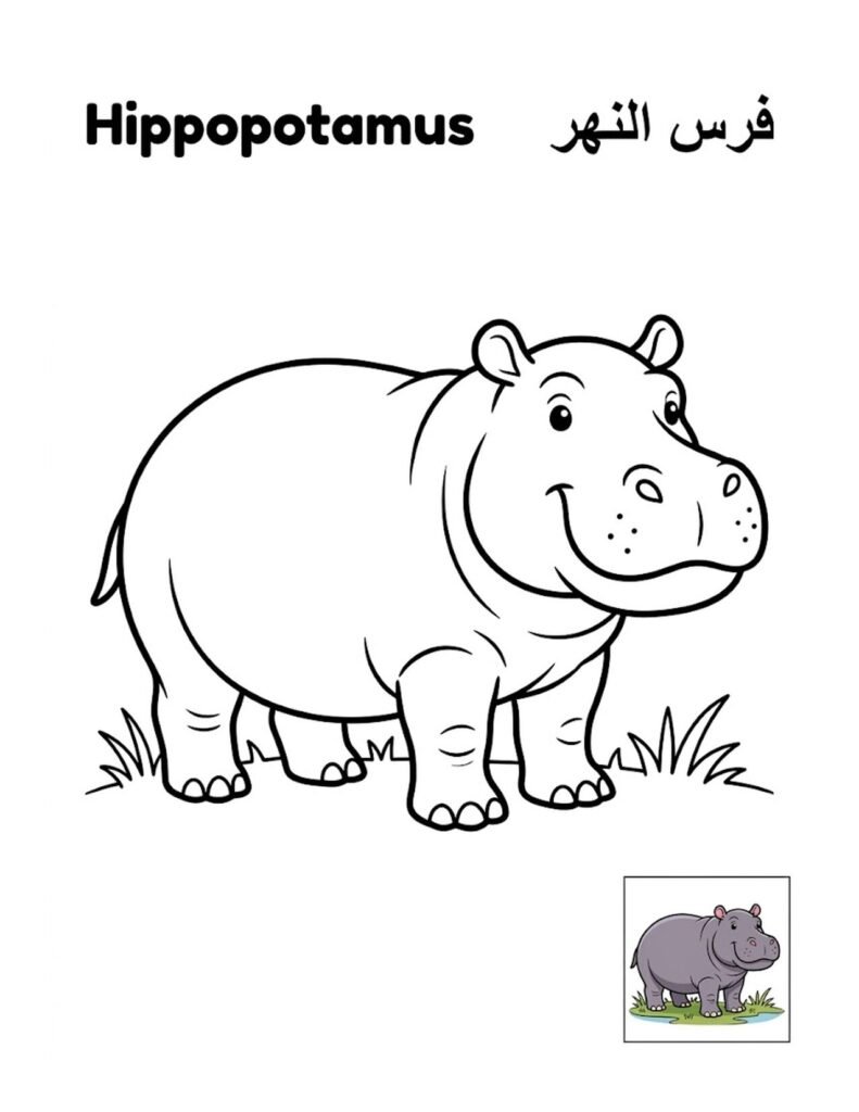 Hippopotamus coloring page for kids, free printable outline with Hippopotamus name in English and Arabic