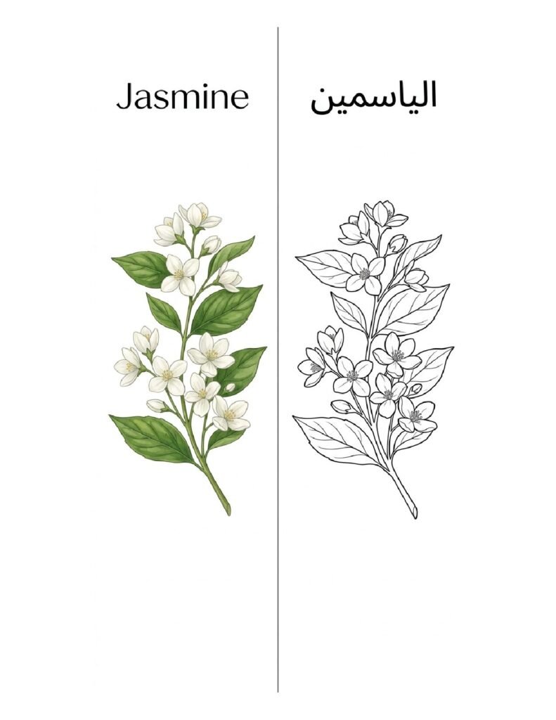 Jasmine coloring page, free printable outline with Jasmine name in English and Arabic