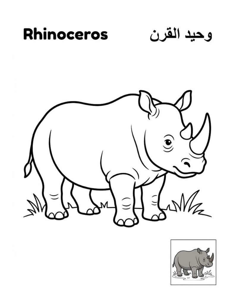 Rhinoceros coloring page for kids, free printable outline with Rhinoceros name in English and Arabic